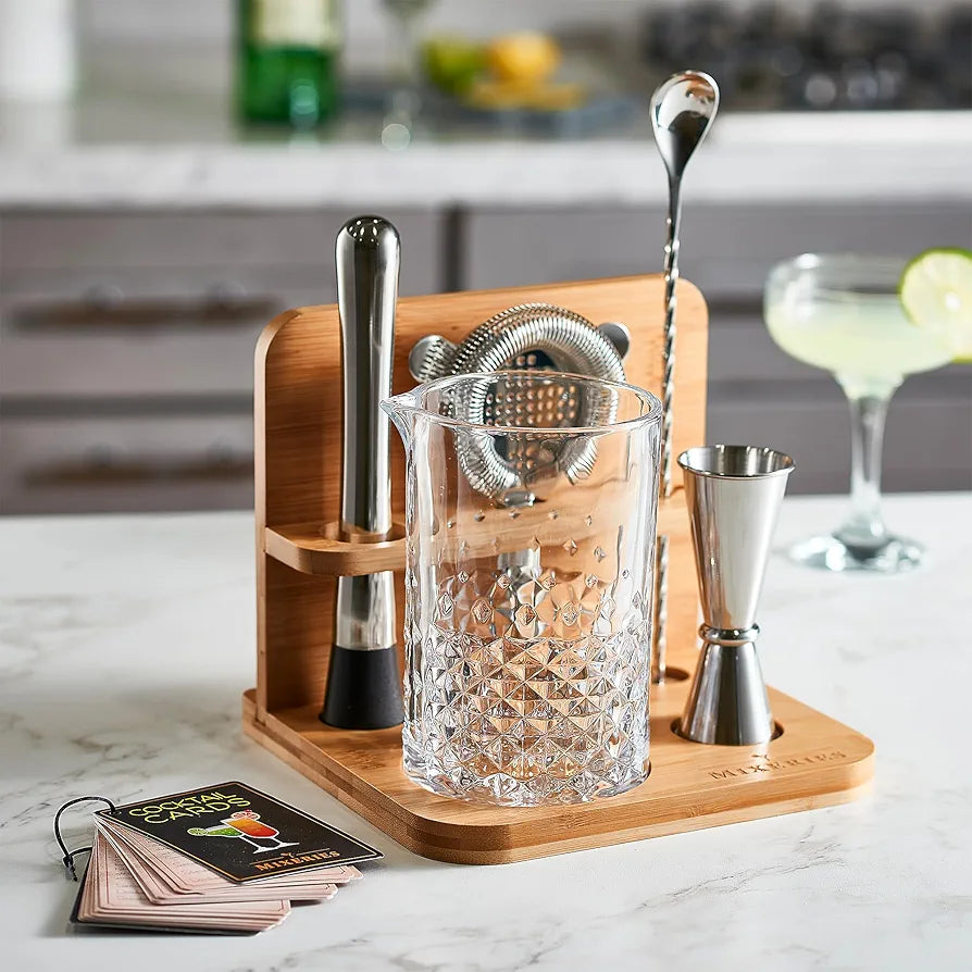 Crystal Cocktail Mixing Glass Set with Bamboo Stand - 22 Oz 650ml - Thick and Sturdy Bottom, Durable and Seamless Design with Bar Accessories Gift Set