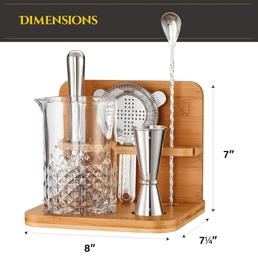 Crystal Cocktail Mixing Glass Set with Bamboo Stand - 22 Oz 650ml - Thick and Sturdy Bottom, Durable and Seamless Design with Bar Accessories Gift Set